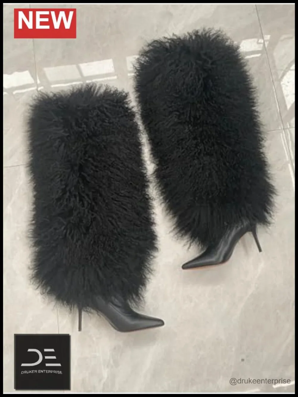 Real Mongolian Fur Over Knee Boots Women's Pointed High Heel